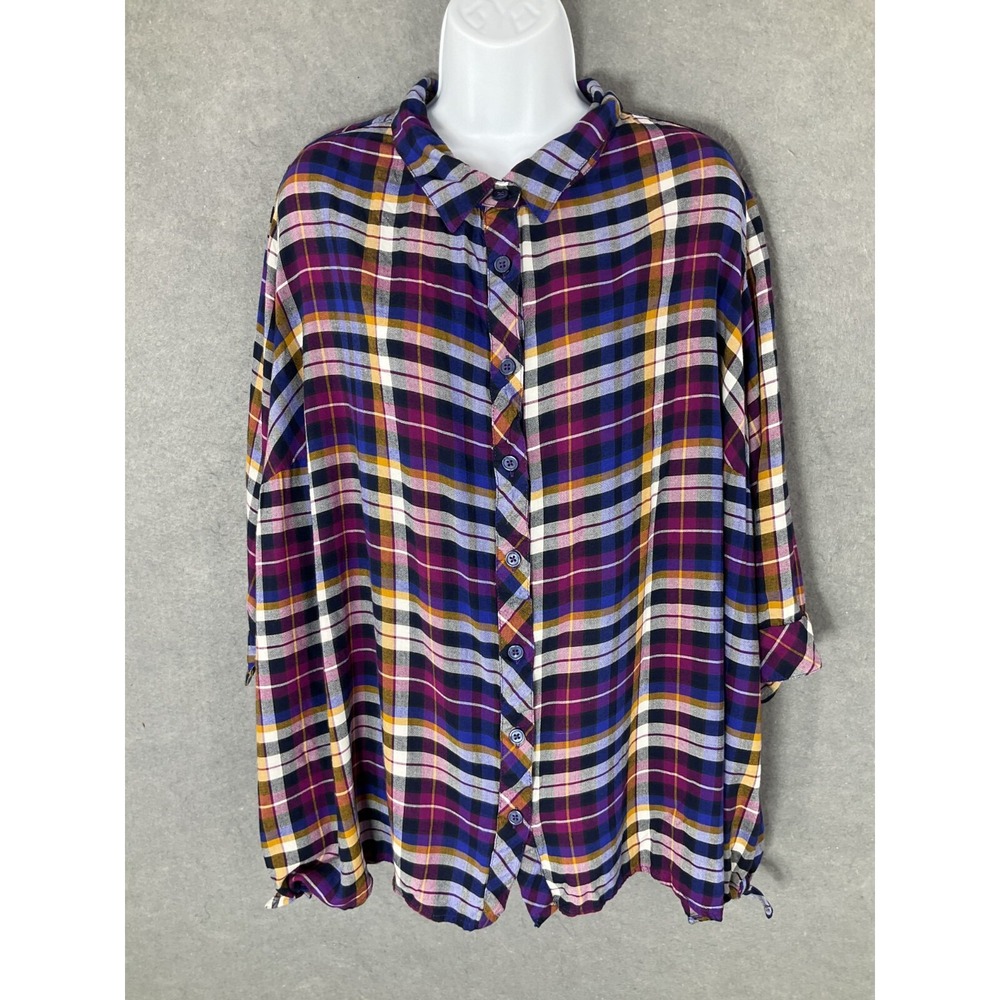 Catherines Top Womens Sz 2X Button Up Plaid Multicolor Slit Blouse Casual